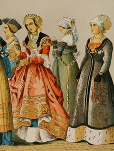 Women's dresses from different social classes, German, 1500-1550, (1881).  Creator: Unknown.