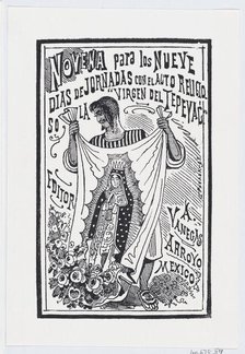 A man holding up a piece of fabric with an image of the Virgin, illustration for ..., ca. 1880-1910. Creator: José Guadalupe Posada.