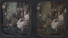 [Woman in Apron and Bonnet Grinding Coffee in Kitchen Setting], 1850s. Creator: Unknown.