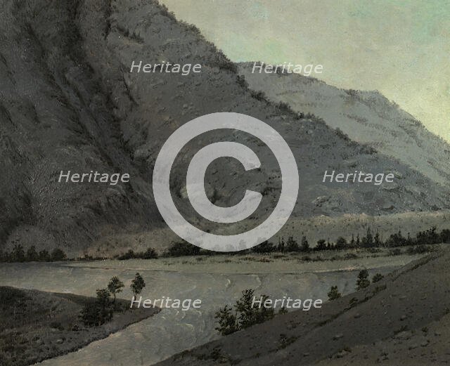 Crossing Over the River Katun' Above Angudaia. View From the North. Altai, 1850-1899. Creator: Pavel Mikhailovich Kosharov.