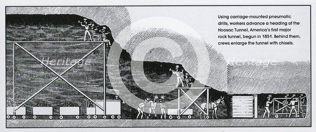 Using carriage-mounted pneumatic drills, workers advance a heading of the Hoosac Tunnel, America's first major rock tunnel, begun in 1851. Behind them, crews enlarge the tunnel with chisels. [For invoicing purposes]