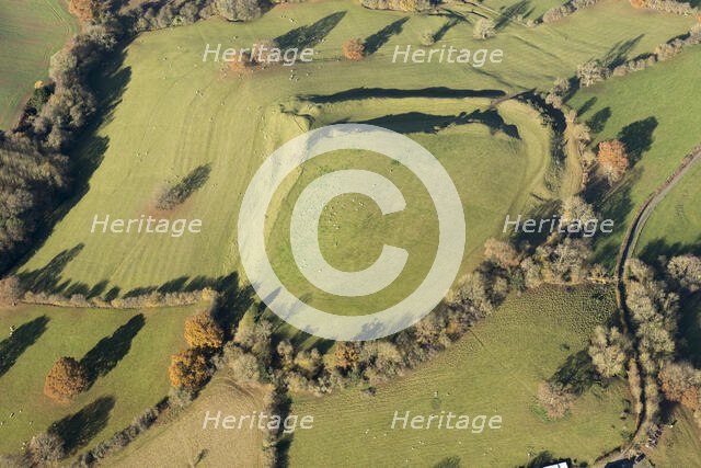 Bach Camp, a univallate Iron Age hillfort earthwork, near Brockmanton, Herefordshire, 2016. Creator: Damian Grady.