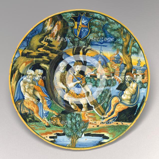 Plate with Pan and Apollo, c. 1535/1540. Creator: Unknown.