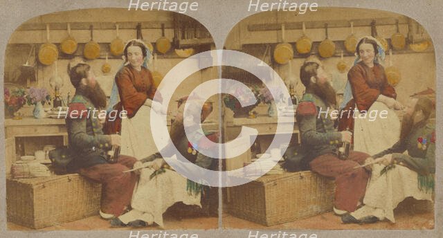 Two bearded men in a kitchen, with a woman who is probably the cook, about 1860. Creator: Unknown.