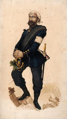 A soldier with wounded head who has inserted medicinal plants in his helmet. Creator: Unknown.