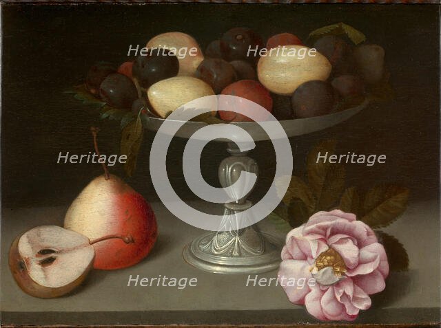 Still Life with plums, pears and a rose, ca 1602. Creator: Galizia, Fede (1578-1630).