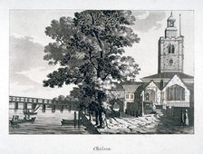 View of Chelsea Old Church with the River Thames on the left, London, c1800.                         Artist: Anon