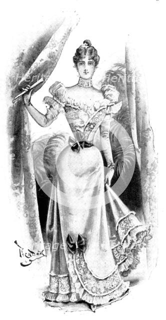 Ladies' Page: a white satin evening gown, 1898. Creator: Picador.
