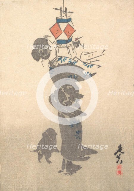 Lighting a Hanging Lantern for the Obon Festival, 1860., 1860. Creator: Shibata Zeshin.