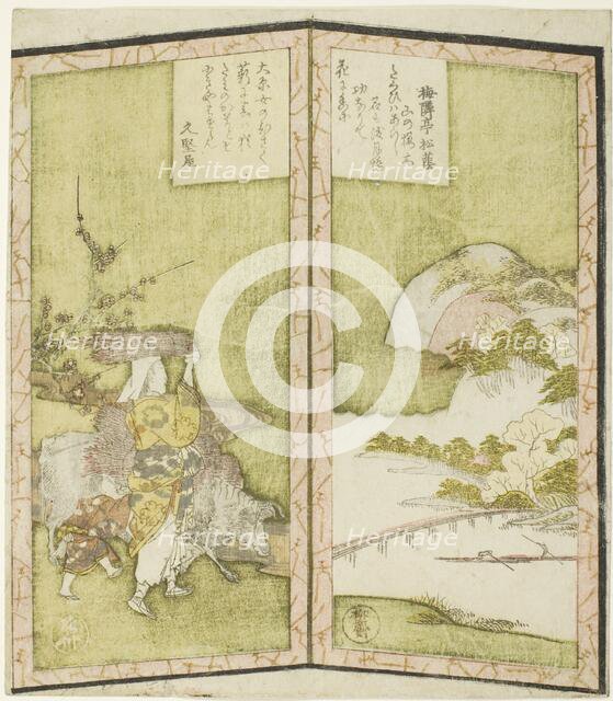 Landscape and Oharame (a woman from Ohara), from an untitled hexaptych depicting..., c. 1825. Creator: Shinsai.