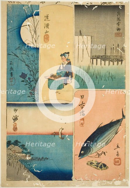 Eitai Bridge, Nihon Bridge, Susaki, Flower Garden, and Dokan Hill (Eitaibashi, Nihonbashi,..., 1852. Creator: Ando Hiroshige.