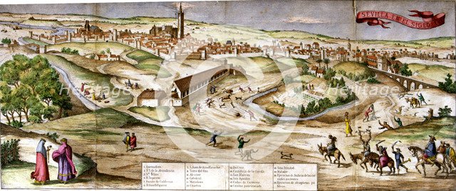 View of the city of Seville, engraving of 16th century.