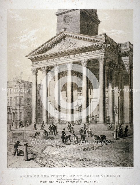 Portico of the Church of St Martin-in-the-Fields, Westminster, London, 1842. Artist: George Scharf
