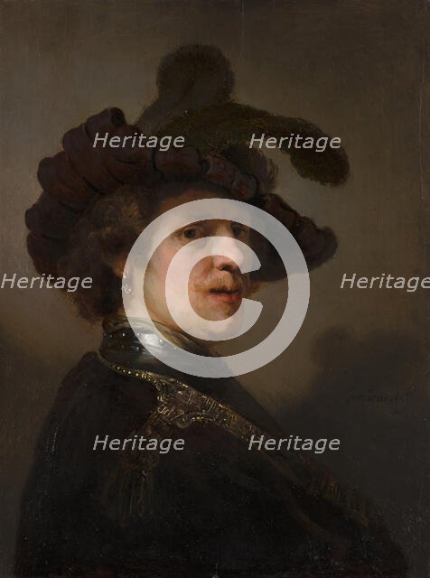 Tronie of a Man with a Feathered Beret, ca 1635-1640. Creator: Rembrandt van Rhijn (1606-1669).