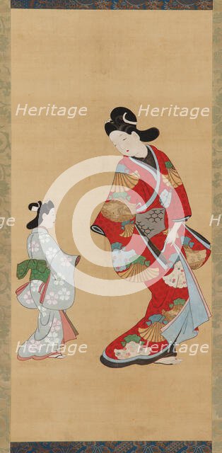 Girl in scarlet and gold dress with a child, 1615-1868. Creator: Unknown.