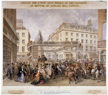 Design for a new footbridge at the crossing Ludgate Hill and Fleet Street, City of London, 1862.     Artist: Kell Brothers