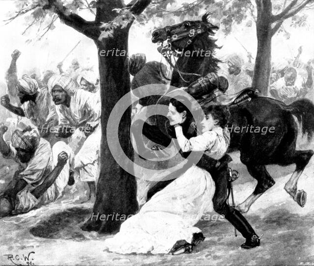 The Eastern Echo: ...bruised, and shaken, she lay in his arms...behind a ...tamarind-tree, 1898. Creator: Unknown.