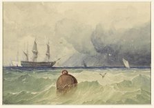 Three-masters at anchor with rough weather coming in, 1830-1880. Creator: Thomas Sewell Robins.