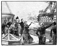 The Queen waving farewell to the 'Duke of Wellington' flagship, c1850s, (1888). Artist: Unknown