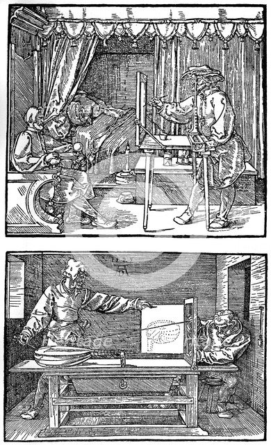 'Apparatus for translating three-dimensional objects into two-dimensional drawings', 1525, (1936). Artist: Albrecht Dürer