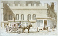 Shop fronts by St Dunstan-in-the-West, Fleet Street, City of London, 1820. Artist: James Findlay