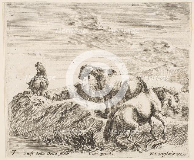 Plate 7: two horses ascending the bank of a river at right, following a procession ..., ca. 1644-47. Creator: Stefano della Bella.