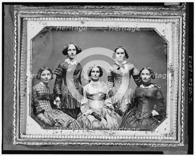 Clark sisters, five women, three-quarter length portraits, all facing front, between 1840 and 1860. Creator: Unknown.