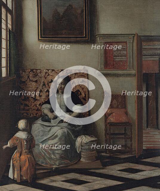 Interior with a Woman sewing and a Child, 1662. Creator: Pieter de Hooch.
