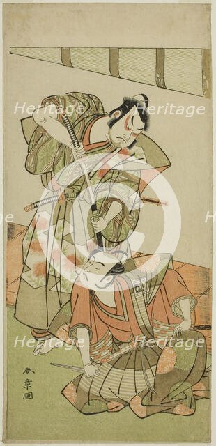 The Actors Ichikawa Yaozo II as Konoshita Hyokichi (?) (right), and Sakata Hangoro II..., c. 1775. Creator: Shunsho.