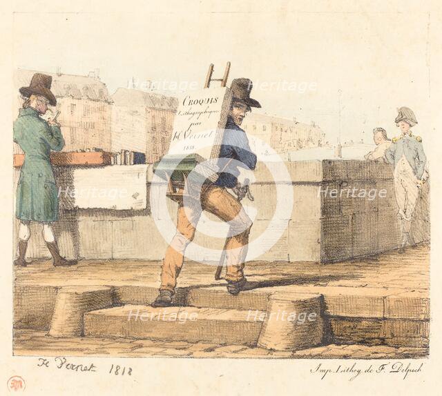 Artist Carrying Easel with a Lithographic Stone, 1818. Creator: Emile Jean-Horace Vernet.