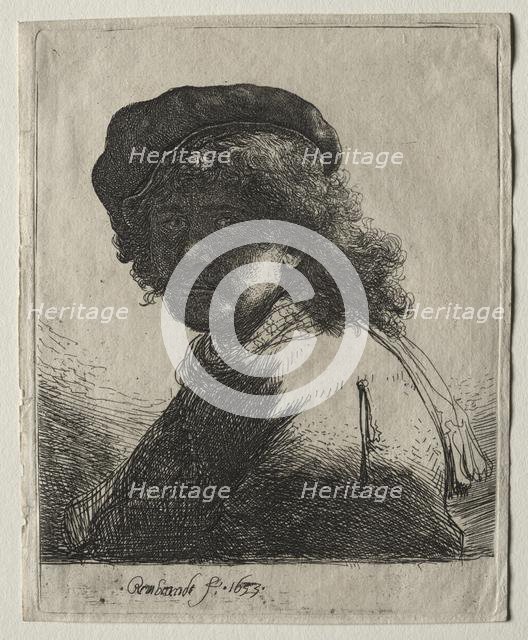 Self-Portrait in a Cap and Scarf with the Face Dark: Bust, 1633. Creator: Rembrandt van Rijn (Dutch, 1606-1669).