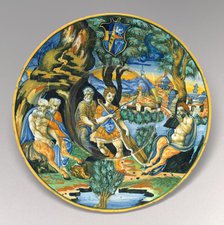 Plate with Pan and Apollo, c. 1535/1540. Creator: Unknown.