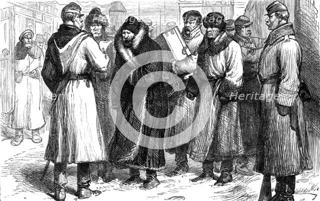 Russian political prisoners at a railway station, 1881. Creator: Unknown.