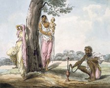 Family: Man smoking a hookah and girl doing Yoga, c1850. Creator: Indian School (19th Century).