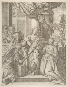The mystic marriage of Saint Catherine who sits at center with the Christ child, angels wi..., 1585. Creator: Agostino Carracci.