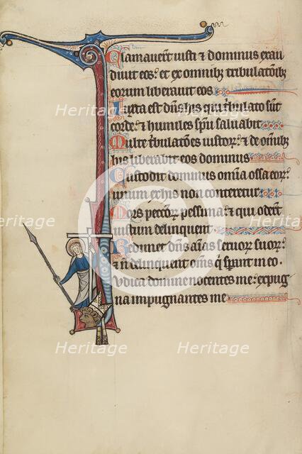 Initial I: Christ Holding a Cross and a Lance; Bute Psalter, text and illumination about 1285. Creator: Bute Master.