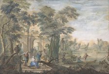 Arcadian Landscape with several Figures and a Statue of Diana, 18th century. Creator: Gerard Melder.