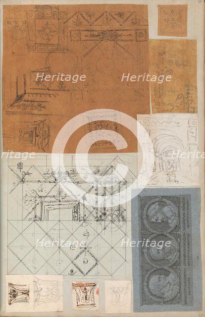 Page from a Scrapbook containing Drawings and Several Prints of Architecture, Int..., ca. 1800-1850. Creators: Workshop of Charles Percier, Workshop of Pierre François Léonard Fontaine.
