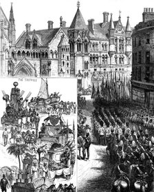 Lord Mayor's Day: procession waiting outside the new Law Courts - Indian and Colonial Trophies, 1883 Creator: Unknown.