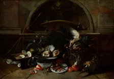 Still Life with Bottles and Oysters, c1700. Creator: Niccolino van Houbraken.