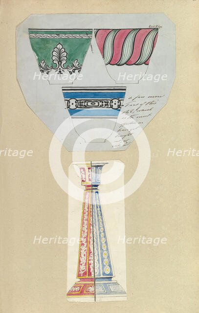 Three Designs for Decorated Cups and Two Designs for a Candlestick, 1845-55. Creator: Alfred Crowquill.