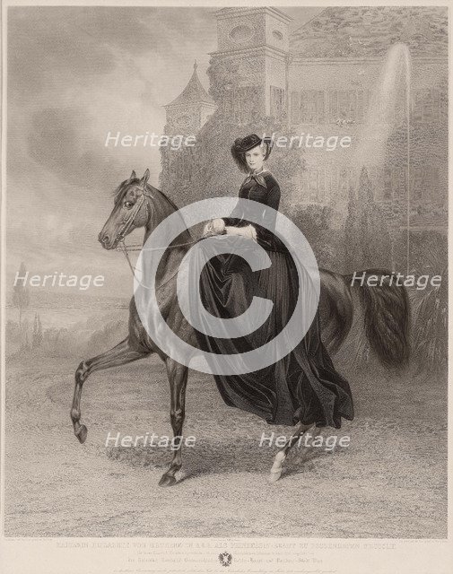 Portrait of Elisabeth of Bavaria on horseback, 1853. Artist: Fleischmann, Andreas Johann (1811-1878)