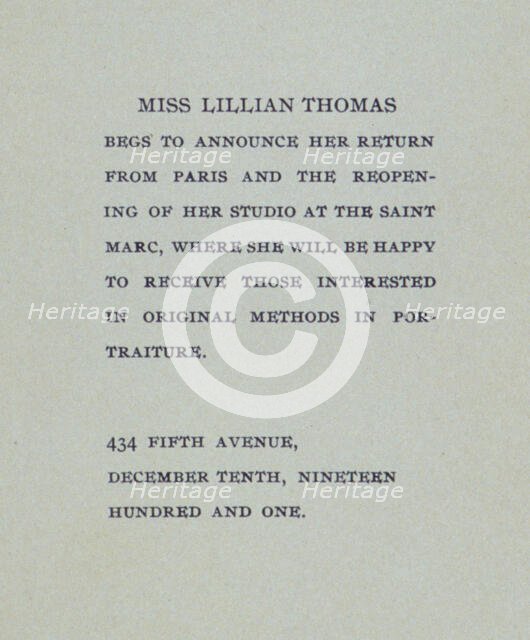 Miss Lillian Thomas begs to announce her return from Paris . . ., c1900. Creator: Unknown.