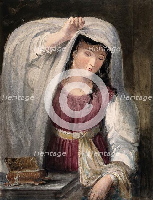 Rebecca admires the clothes and jewellery given to her by Abraham's servant, 1824. Creator: Juliana Howard.