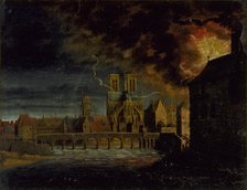 Apse of Notre-Dame, Pont de la Tournelle and ile Saint-Louis, during a fire, c1640. Creator: Unknown.