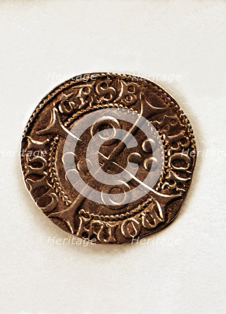 Reverse of a coin of one-cruzado in silver, from the reign of Ferdinand I of Antequera (1412-1416…