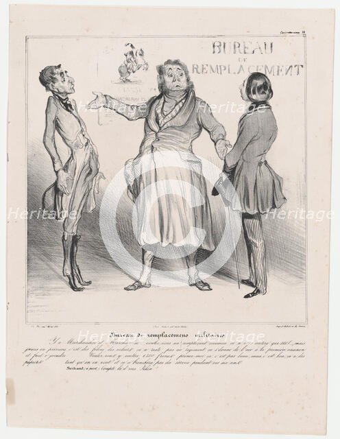Plate 28: Bureau de remplacemens militaires, 1838.  Creator: Honore Daumier.