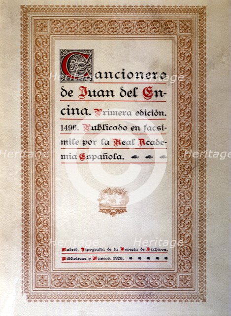 Cover 'Cancionero' (Song book) by Juan de la Encina, facsimile reproduction, 1928.