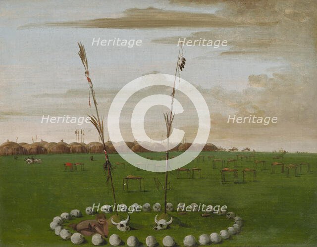 Back View of Mandan Village, Showing the Cemetery, 1832. Creator: George Catlin.