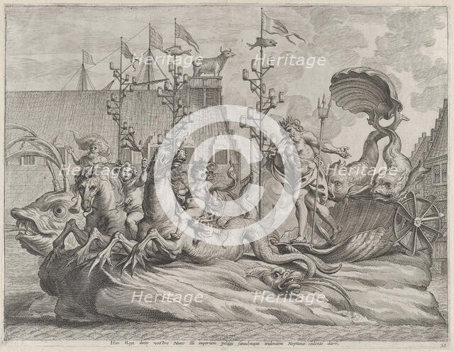 Plate 35: Philip of Spain as Neptune, riding in a chariot drawn by two sea horses; from Gu..., 1636. Creator: Pieter de Jode II.